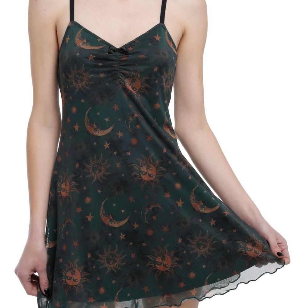Cosmic Aura Green & Gold Celestial Print Mini Dress